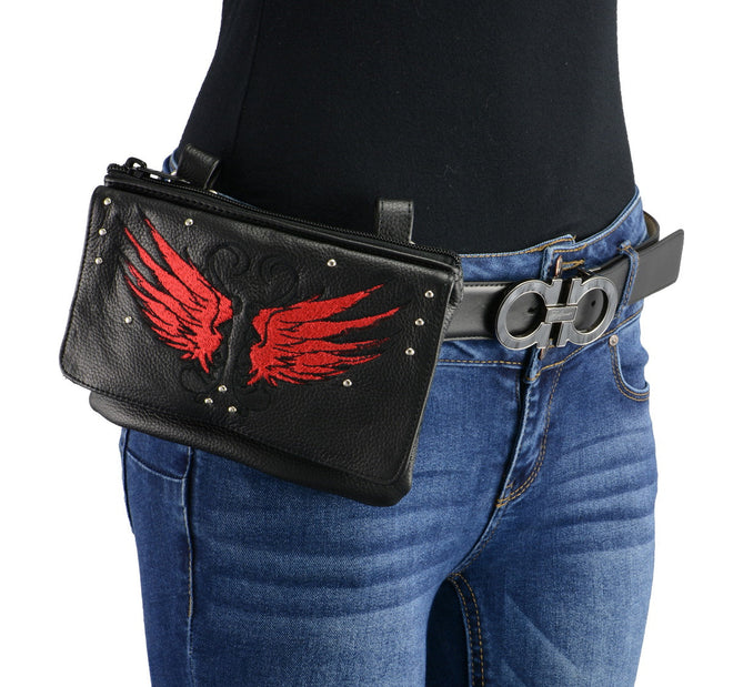 Milwaukee Leather red and black winged leather belt bag with multiple pockets, designed for women, clip and thigh style.