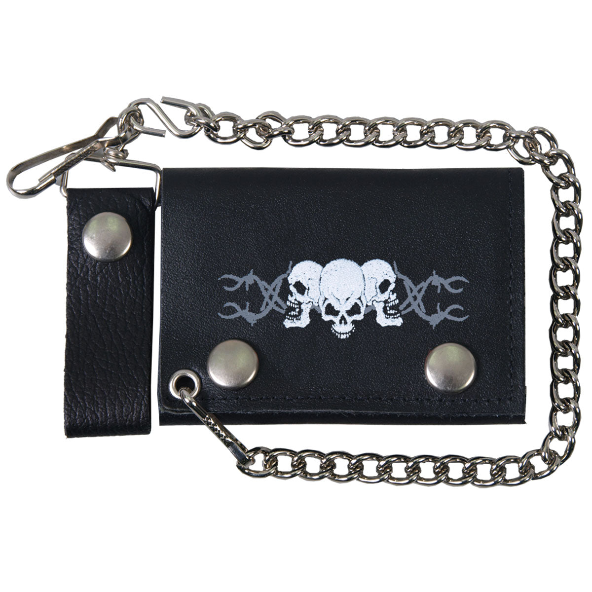 Hot Leathers black leather wallet with barbed wire skull design and chain, perfect for rugged style and biker fashion.