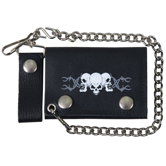Hot Leathers black leather wallet with barbed wire skull design and chain, perfect for rugged style and biker fashion.