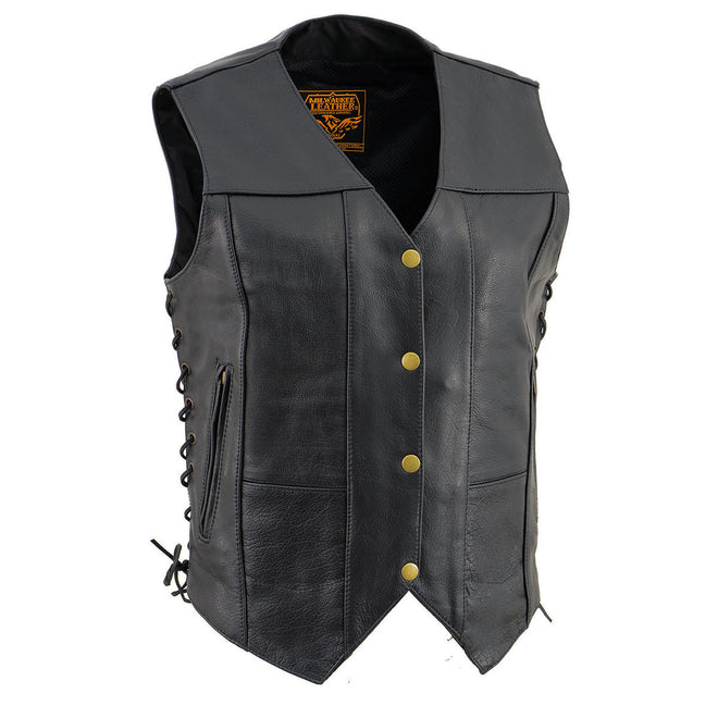 Women's black leather motorcycle rider vest with side laces, six pockets, antique color, and snap closure by Milwaukee Leather.