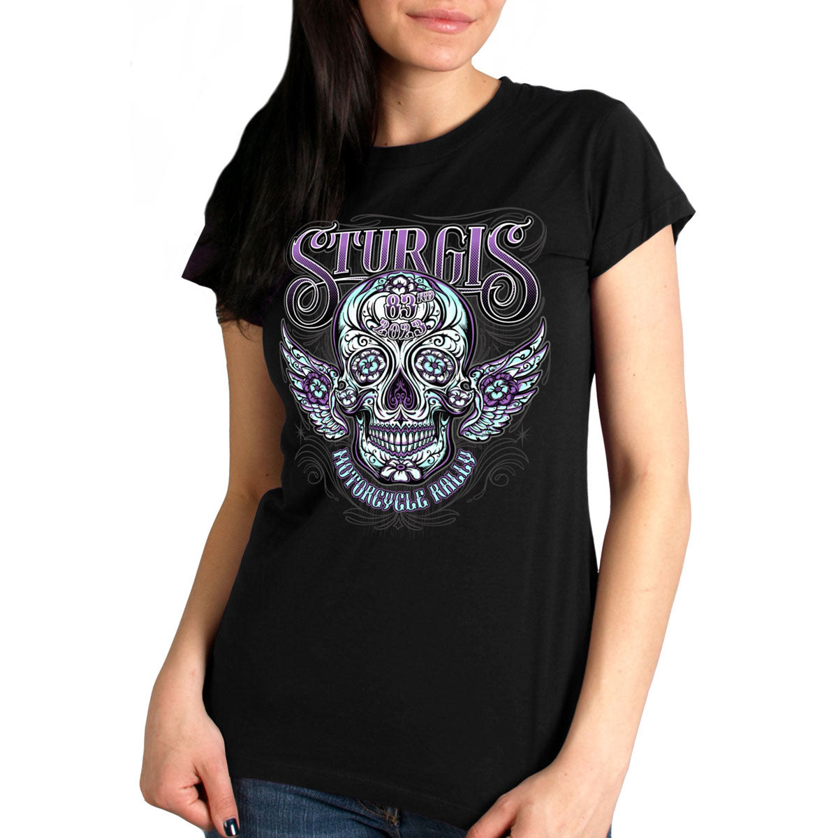 Women's Black Sturgis 2023 Hot Leathers Sugar Skull T-Shirt featuring vintage-style antique skull design.