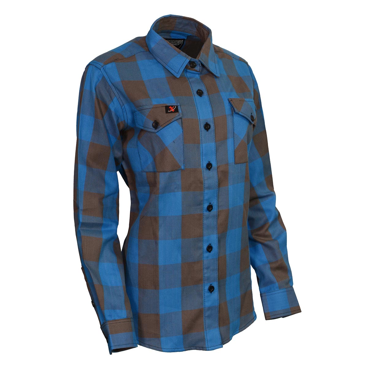 Milwaukee Leather women's long sleeve cotton flannel shirt in brown and aqua, casual textile clothing for women.