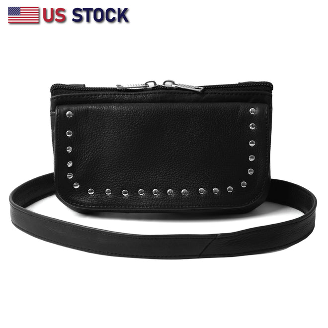Buffalo Leather Gear women's black studded hip bag with clip strap, trendy and edgy accessory for fashionable streetwear.