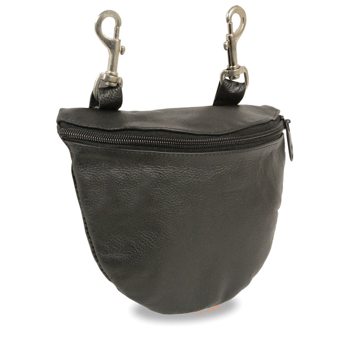 Milwaukee Leather women's black leather belt bag with belt clasps, featuring a compact design and adjustable strap.