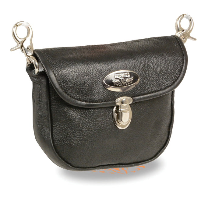 Milwaukee Leather women's black leather belt bag with flap and belt clasps, designed for stylish and practical wear.