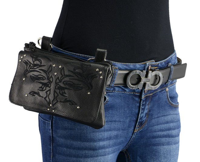 Milwaukee Leather women's black leather belt bag with multiple pockets, clip and thigh strap for convenient carrying.