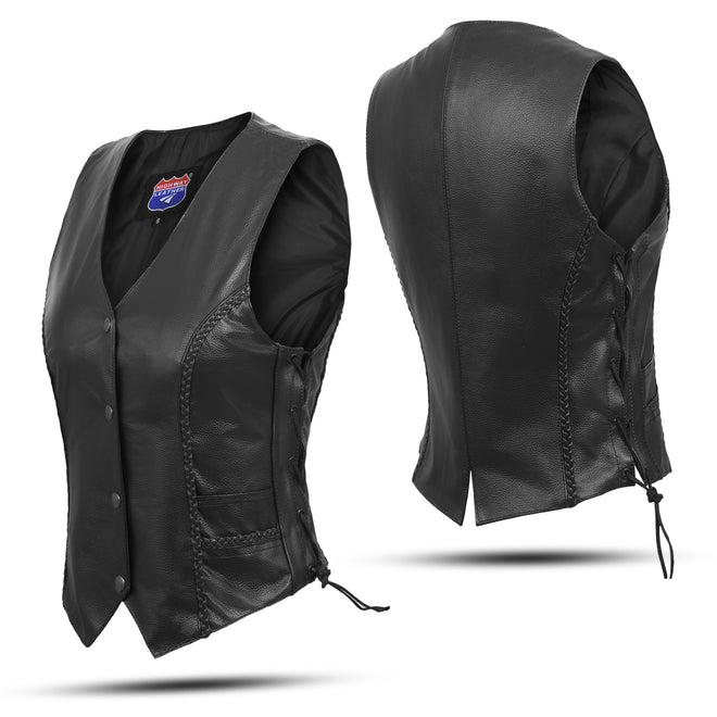 Black women's vest with braided details and lace-up sides from Buffalo Leather Gear, featuring a classic style.