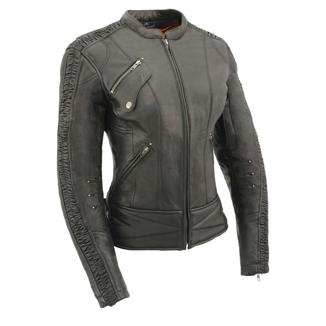 Milwaukee Leather women's black crinkled arm lightweight racer jacket, stylish and fitted for casual wear.