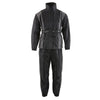 Milwaukee Leather women's black and grey waterproof motorcycle rain suit with hood, designed for outdoor riding and weather protection.