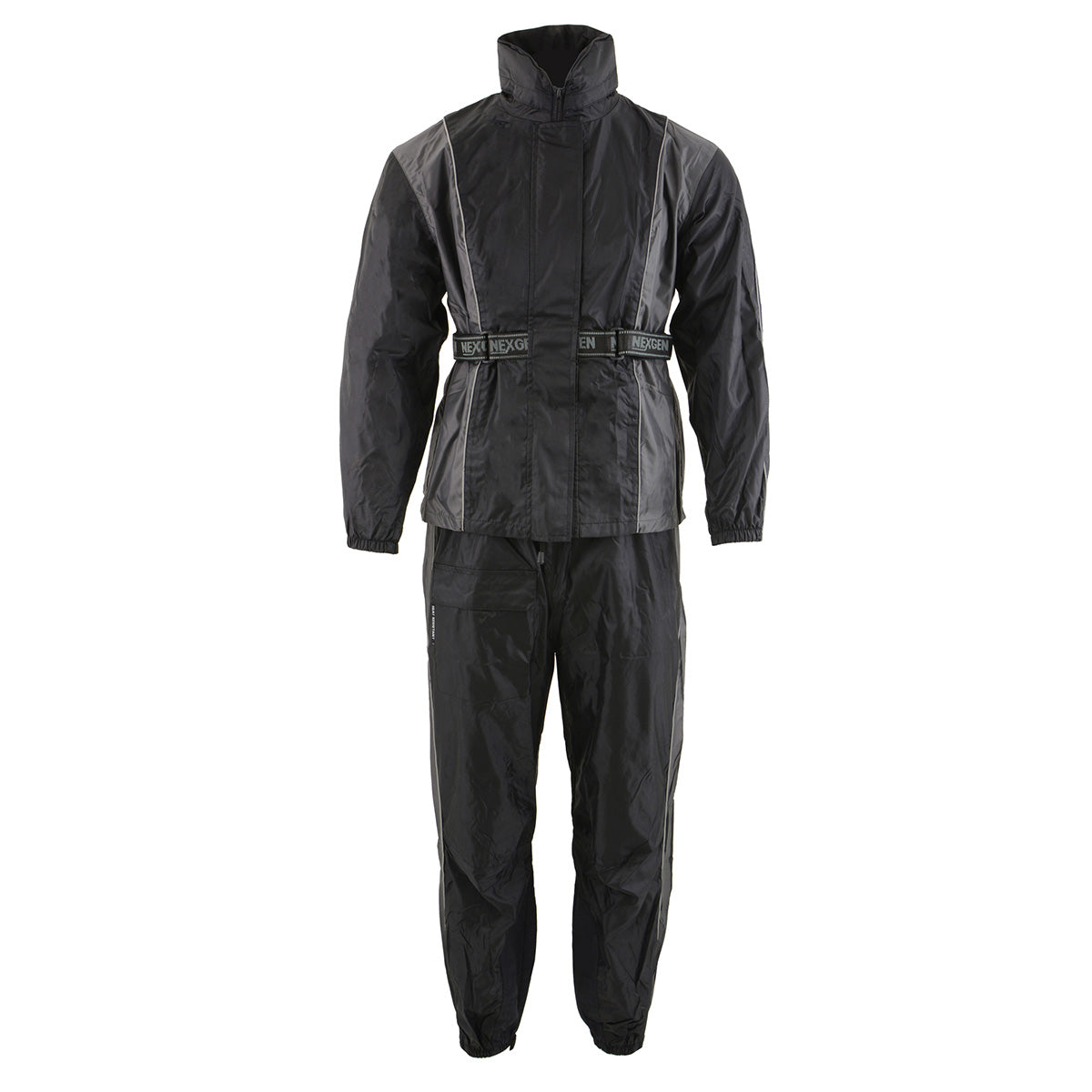 Milwaukee Leather women's black and grey waterproof motorcycle rain suit with hood, designed for outdoor riding and weather protection.
