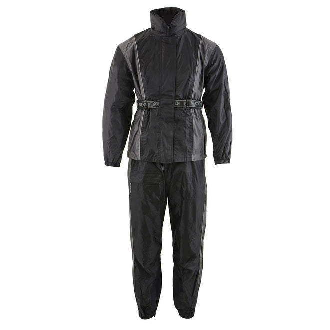 Milwaukee Leather women's black and grey waterproof motorcycle rain suit with hood, designed for outdoor riding and weather protection.