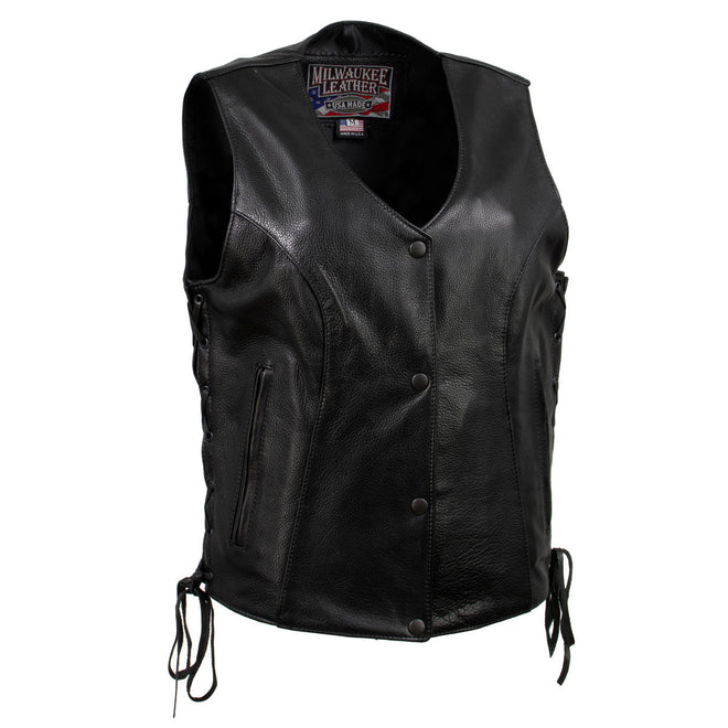 Black women's leather motorcycle vest with side laces and 'Kitten' style from Milwaukee Leather, showcasing the vest's front and side details.