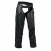 Milwaukee Leather women's black naked skin chaps with crinkled stripes and reflective trim, designed for motorcycle riding.