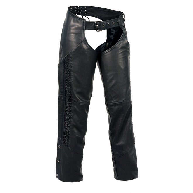Milwaukee Leather women's black naked skin chaps with crinkled stripes and reflective trim, designed for motorcycle riding.