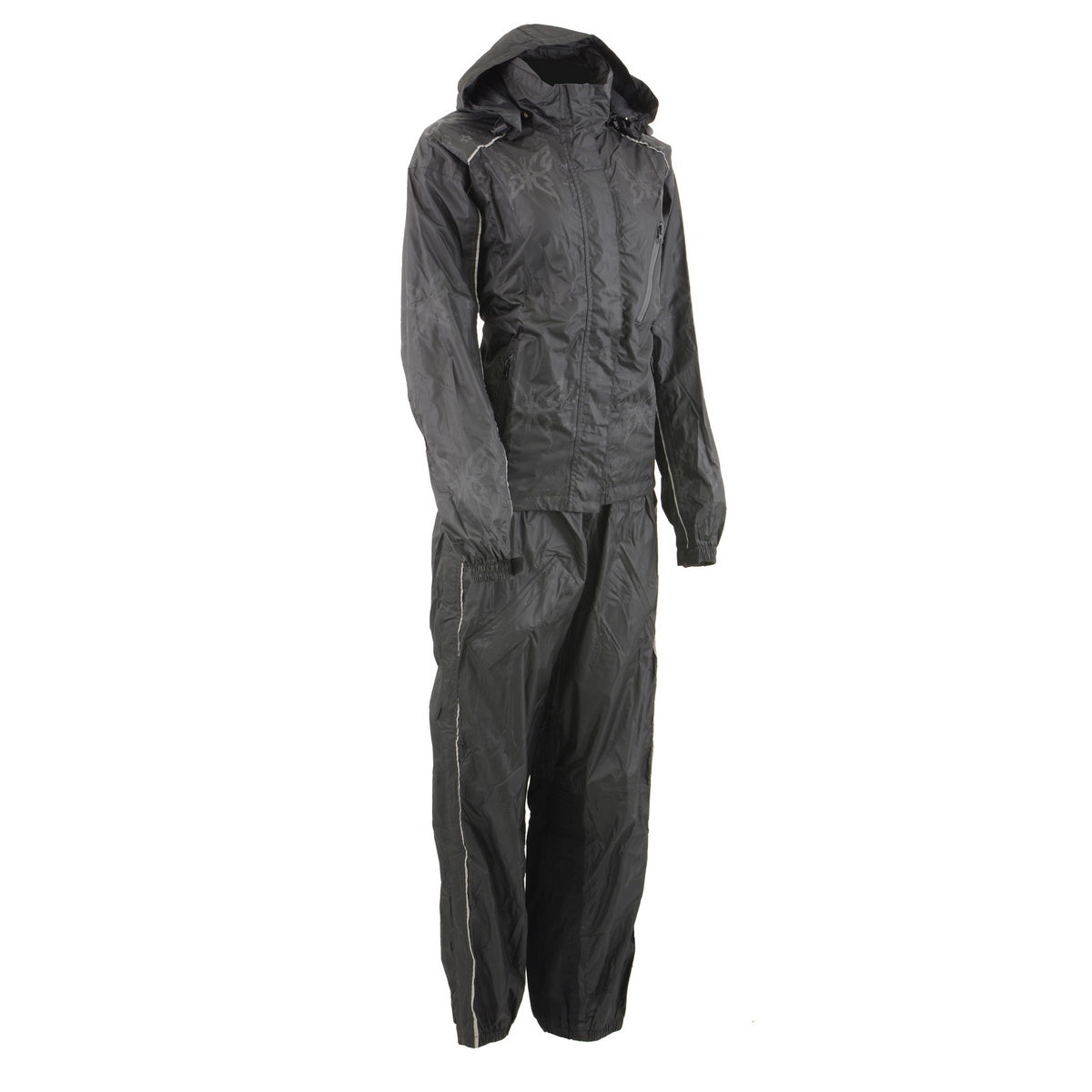 Milwaukee Leather NexGen SH2342 women's black water-resistant rain suit with reflective butterfly patterns.