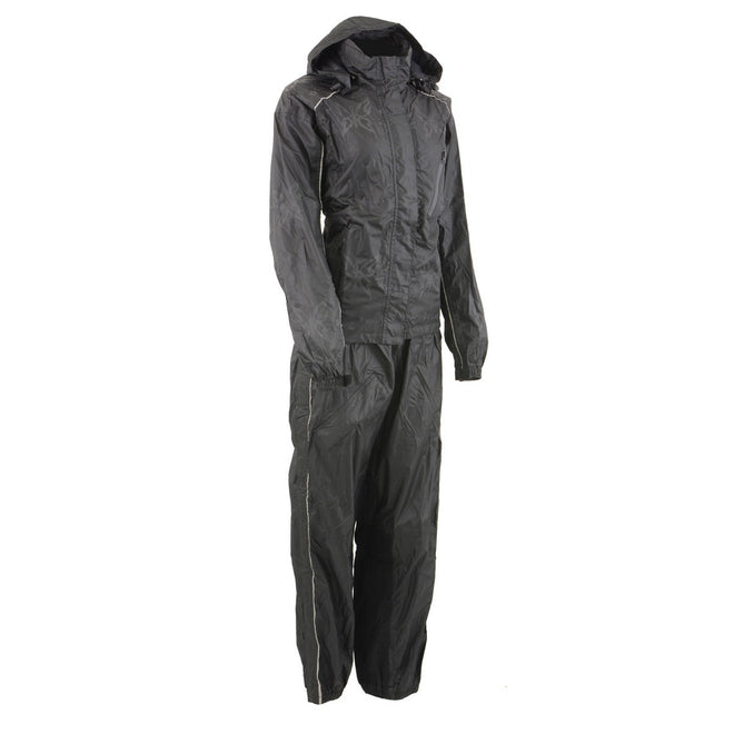 Milwaukee Leather NexGen SH2342 women's black water-resistant rain suit with reflective butterfly patterns.