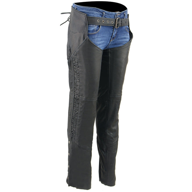 Milwaukee Leather women's black lightweight goat skin chaps with crinkled stripes and reflective details, designed for motorcycle riding.