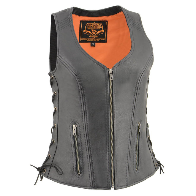 Milwaukee Leather women's black Cool-Tec leather motorcycle vest with open neck and side lace stitching detail.