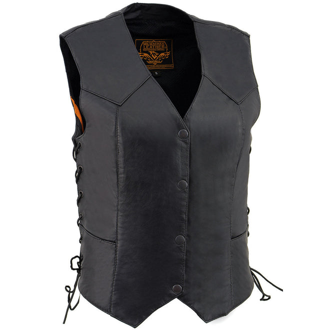Milwaukee Leather women's black Western motorcycle vest with side laces, four-snap closure, classic Western style.