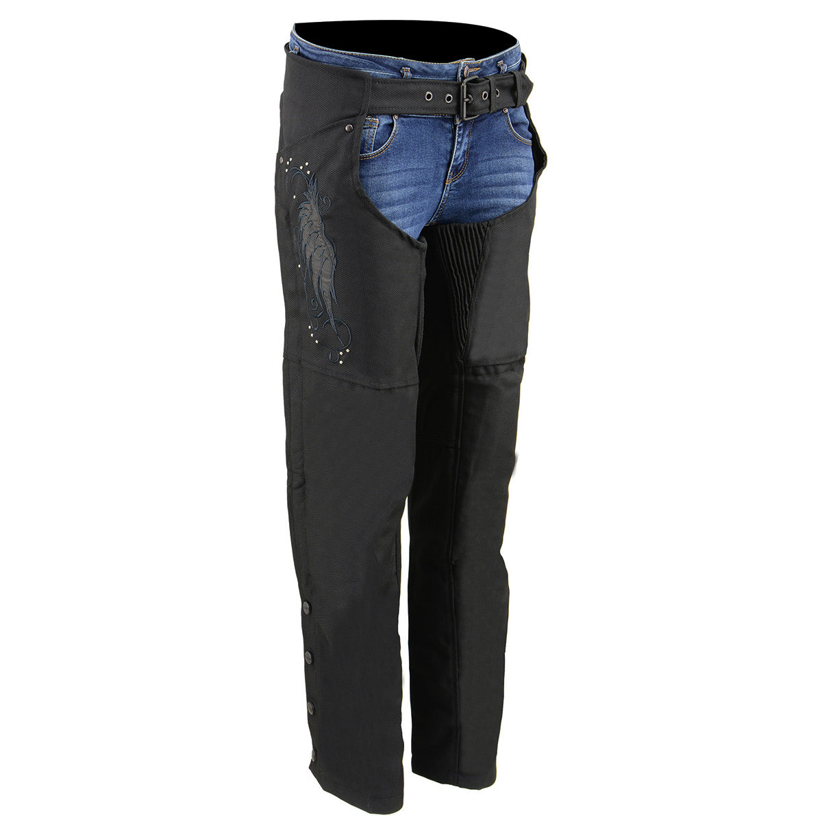 Milwaukee Leather Women's Winged Solid Black Textile Chaps with adjustable waist and side zippers, designed for motorcycle riding.