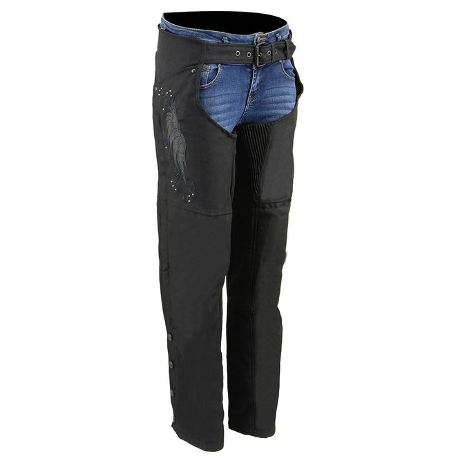 Milwaukee Leather Women's Winged Solid Black Textile Chaps with adjustable waist and side zippers, designed for motorcycle riding.