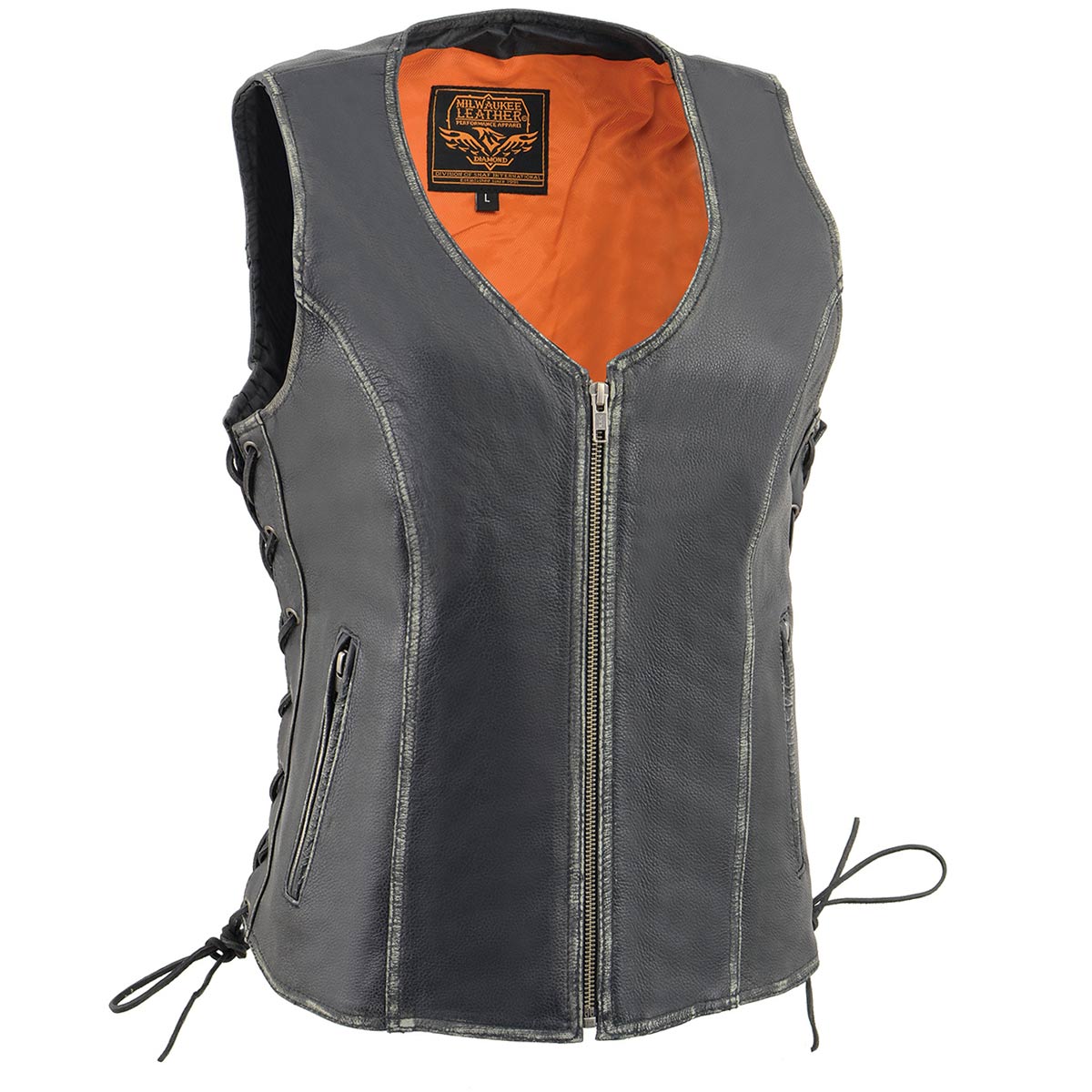 Milwaukee Leather women's black leather vest with front zipper closure, stylish and fitted for a modern look.