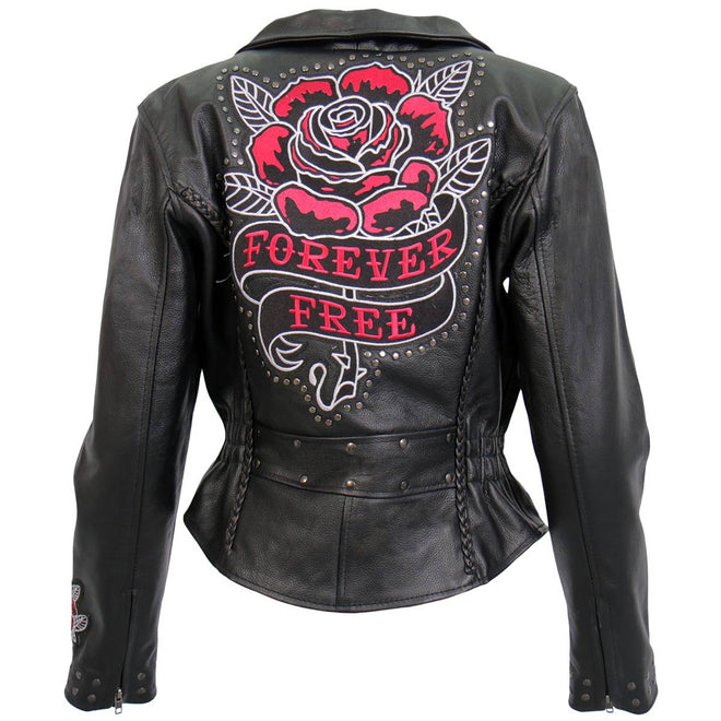 Black embroidered bling rose design women's leather motorcycle jacket by Hot Leathers with braided details.