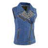 Milwaukee Leather women's blue denim motorcycle vest with zipper front and studded spike detailing, designed for women.