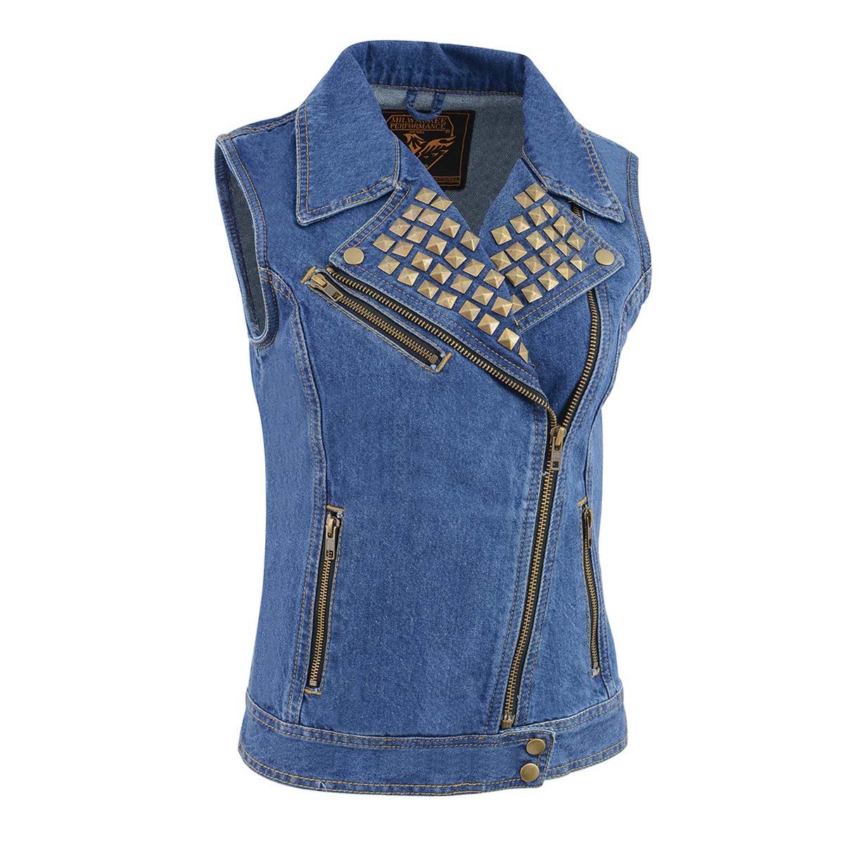 Milwaukee Leather women's blue denim motorcycle vest with zipper front and studded spike detailing, designed for women.