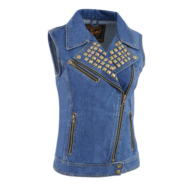 Milwaukee Leather women's blue denim motorcycle vest with zipper front and studded spike detailing, designed for women.