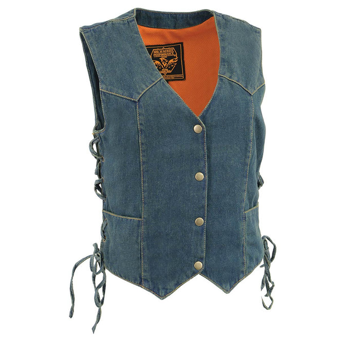 Milwaukee Leather women's blue denim vest with side lace detail, four snap front closure, and sleeveless design.