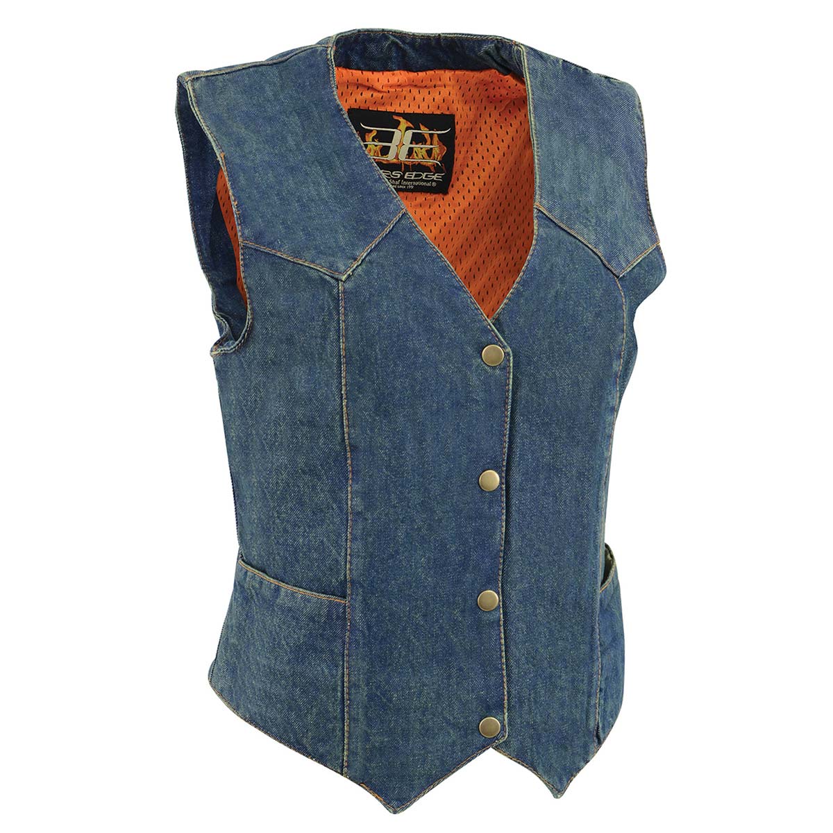 Milwaukee Leather women's blue denim vest with four snap front buttons and plain side design, casual women’s vest style.