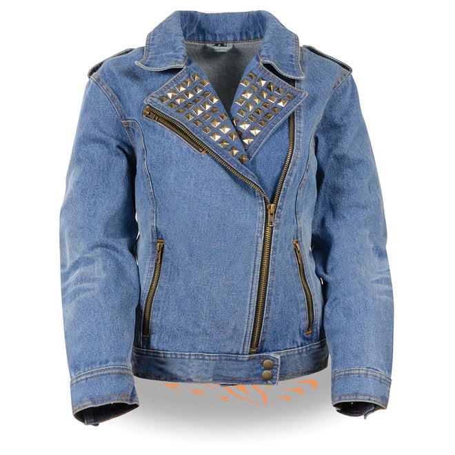 Milwaukee Leather women's blue denim jacket with studded spikes, stylish women's jacket featuring metal embellishments.
