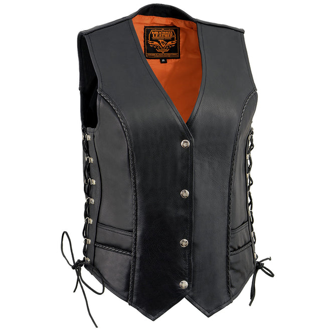 Milwaukee Leather women's black thin braid naked leather motorcycle rider vest with front snap closure and side lace detail.