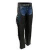 Milwaukee Leather women's black leather motorcycle chaps with braided and fringed design, turquoise rose embroidery detail.
