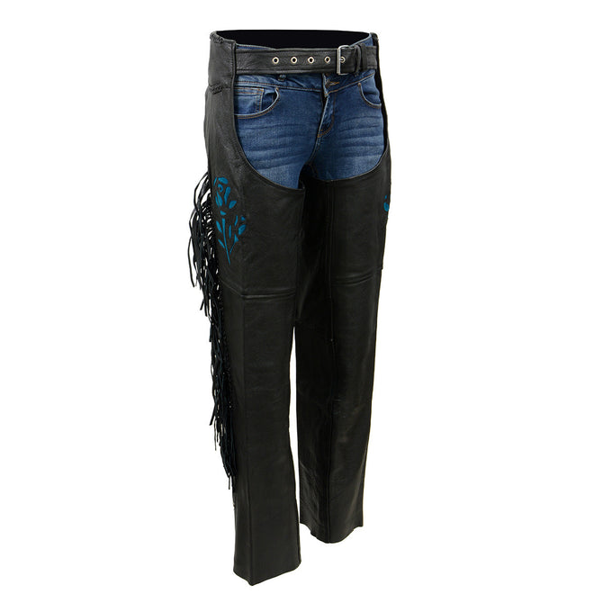 Milwaukee Leather women's black leather motorcycle chaps with braided and fringed design, turquoise rose embroidery detail.