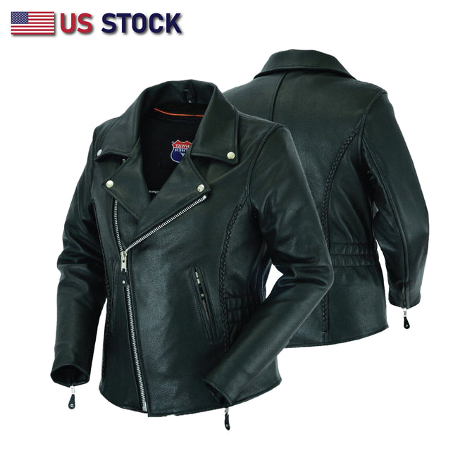 Women’s Full-Length Braided Leather Motorcycle Jacket with Side Stretch and Utility Pocket | HL13103