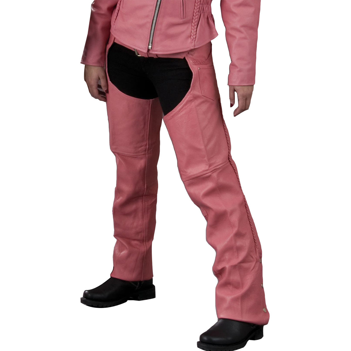 Milwaukee Leather women's pink braided leather chaps with detailed stitching, designed for riding and outdoor activities.