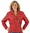Red braided leather women's jacket by Milwaukee Leather, stylish women's leather jacket with a textured braided design.