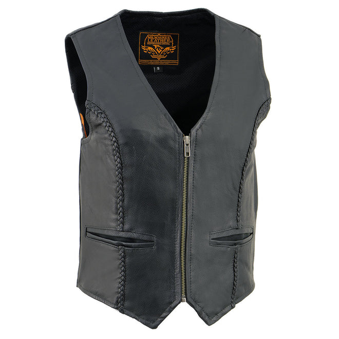 Milwaukee Leather women's black braided motorcycle rider vest with front zip closure, stylish and durable leather design.