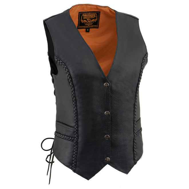 Milwaukee Leather women's black braided side lace motorcycle rider vest with front snap closure, made of naked leather.