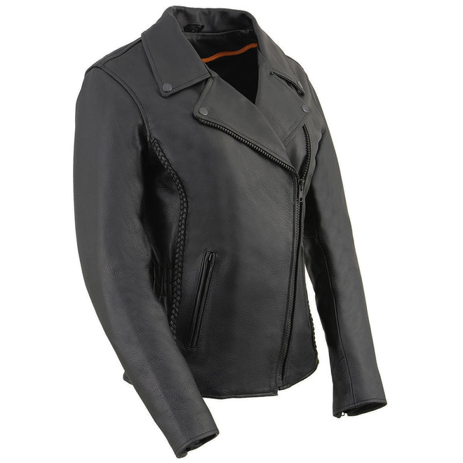 Milwaukee Leather women's black braided leather jacket with studded back detailing, stylish and fitted for women.