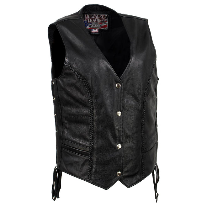 Women's black braided motorcycle leather vest by Milwaukee Leather, stylish and fitted women's vest with detailed braiding.