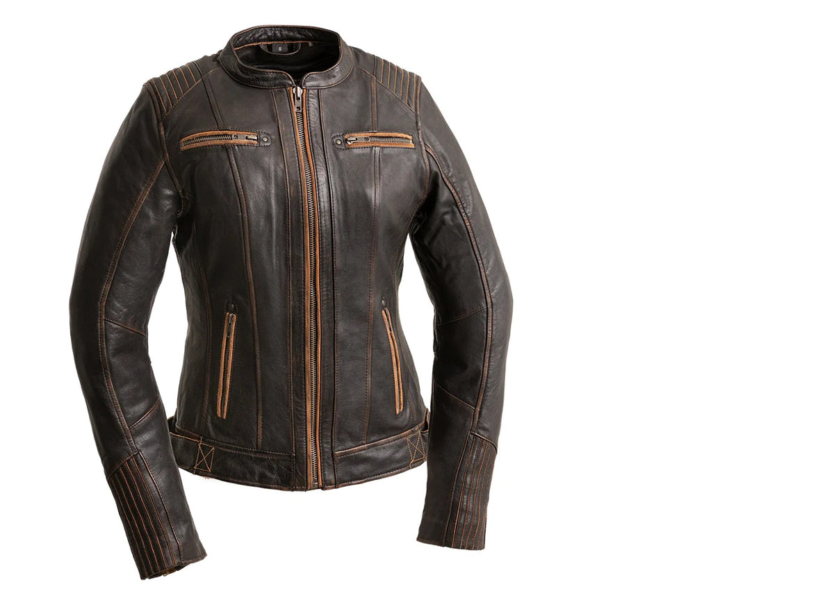 Brown distressed women's leather motorcycle jacket from FIRST MFG, featuring rugged style and classic motorcycle design.