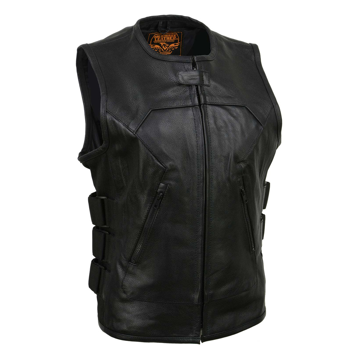 Milwaukee Leather women's club-style SWAT rider leather vest with single panel back for club patches, black and fitted design.