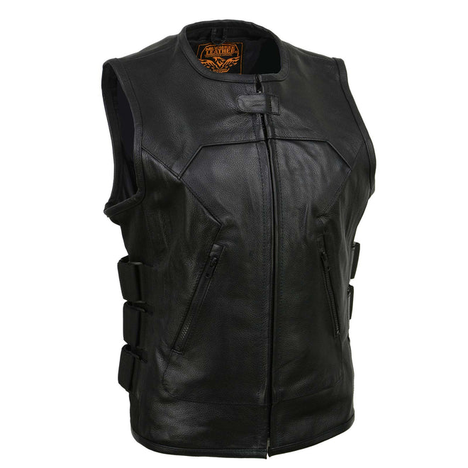Milwaukee Leather women's club-style SWAT rider leather vest with single panel back for club patches, black and fitted design.