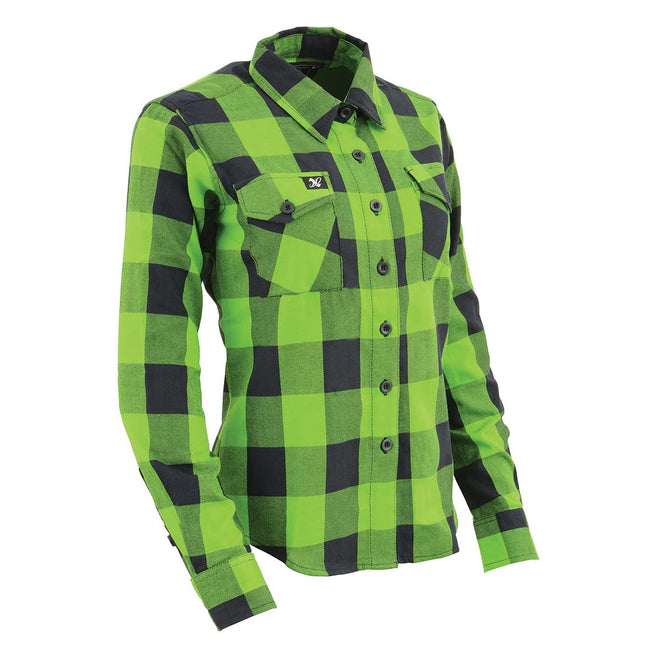 Milwaukee Leather women's casual lime green and black long sleeve cotton flannel shirt with a relaxed fit.