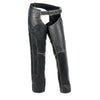 Milwaukee Leather women's black classic low-rise leather chaps with rub-off finish, featuring a sleek fit and premium leather details.