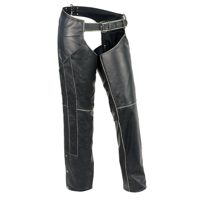 Milwaukee Leather women's black classic low-rise leather chaps with rub-off finish, featuring a sleek fit and premium leather details.