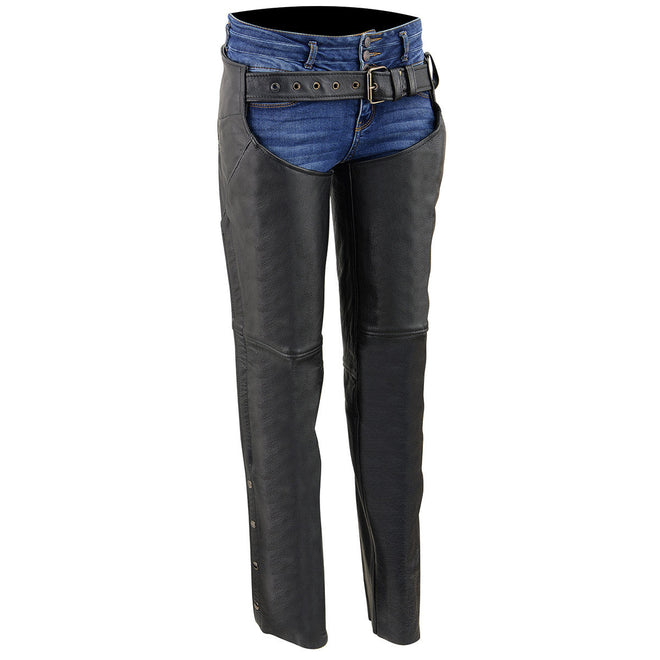 Milwaukee Leather women's classic black leather chaps with hip pocket, featuring a stylish and durable design for riding.